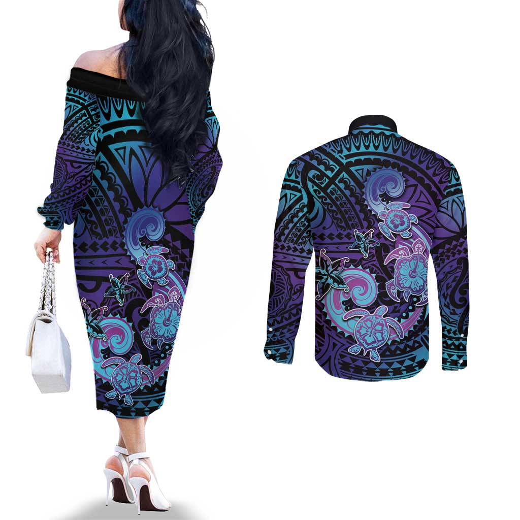 Hawaii Makahiki Turtle Couples Matching Off The Shoulder Long Sleeve Dress and Long Sleeve Button Shirt Spiral Polynesian Tattoo