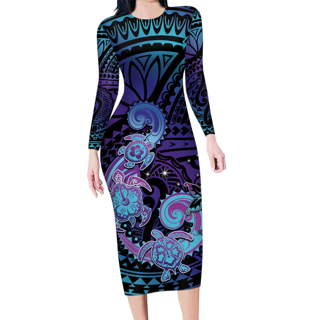 Hawaii Makahiki Turtle Family Matching Long Sleeve Bodycon Dress and Hawaiian Shirt Spiral Polynesian Tattoo LT05 Mom's Dress Purple - Polynesian Pride