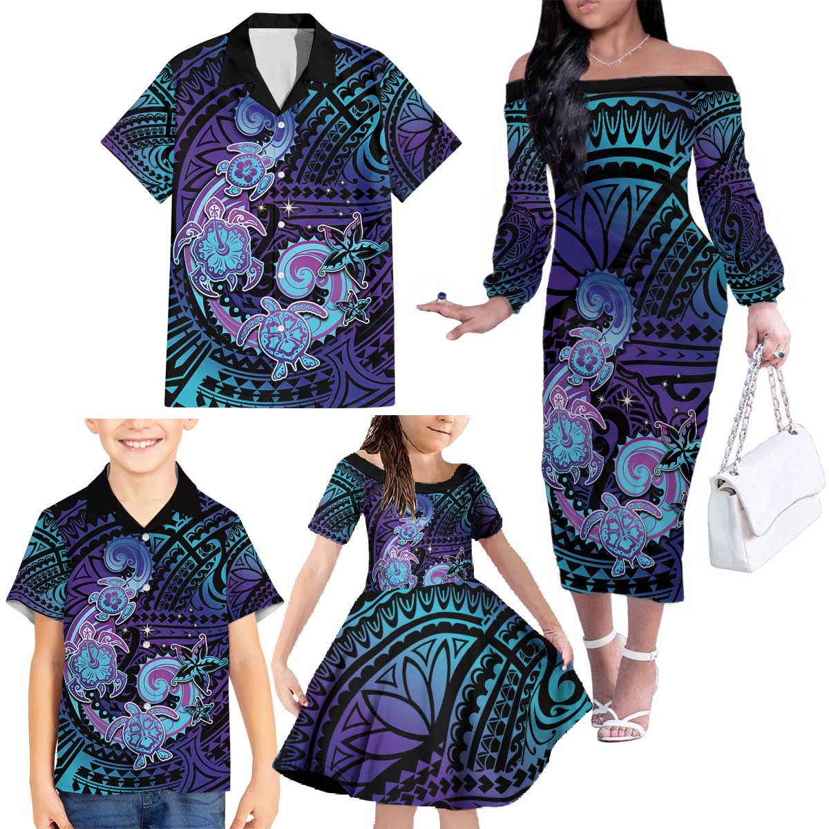 Hawaii Makahiki Turtle Family Matching Off The Shoulder Long Sleeve Dress and Hawaiian Shirt Spiral Polynesian Tattoo LT05 - Polynesian Pride
