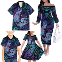 Hawaii Makahiki Turtle Family Matching Off The Shoulder Long Sleeve Dress and Hawaiian Shirt Spiral Polynesian Tattoo LT05 - Polynesian Pride