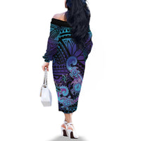 Hawaii Makahiki Turtle Family Matching Off The Shoulder Long Sleeve Dress and Hawaiian Shirt Spiral Polynesian Tattoo LT05 - Polynesian Pride