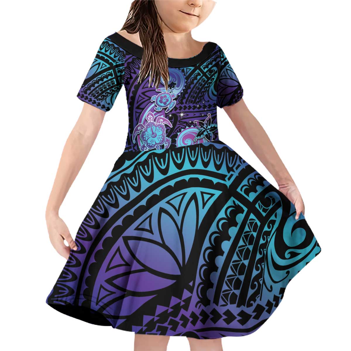 Hawaii Makahiki Turtle Family Matching Off Shoulder Short Dress and Hawaiian Shirt Spiral Polynesian Tattoo LT05 Daughter's Dress Purple - Polynesian Pride