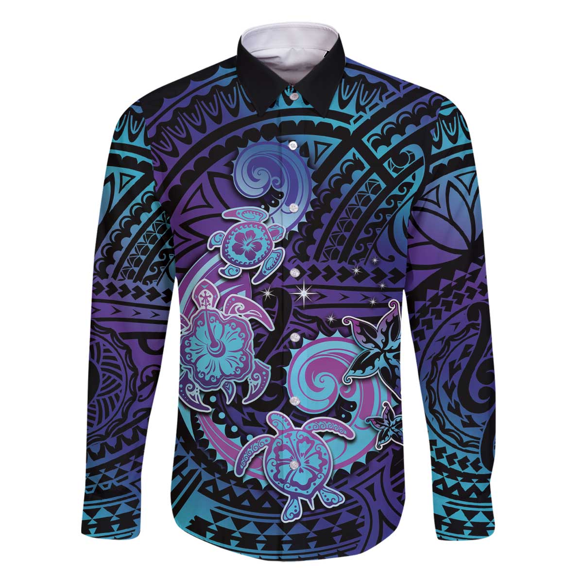 Hawaii Makahiki Turtle Family Matching Off Shoulder Short Dress and Hawaiian Shirt Spiral Polynesian Tattoo LT05 Dad's Shirt - Long Sleeve Purple - Polynesian Pride