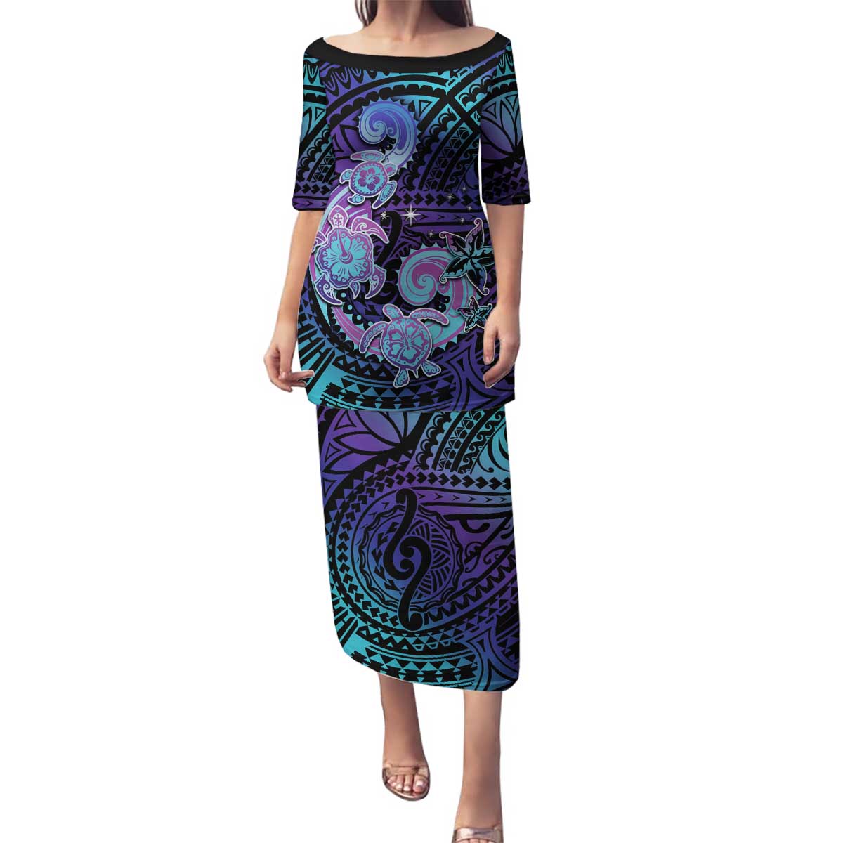Hawaii Makahiki Turtle Family Matching Puletasi and Hawaiian Shirt Spiral Polynesian Tattoo