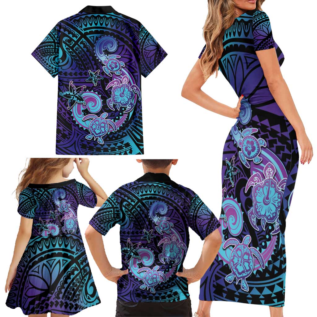 Hawaii Makahiki Turtle Family Matching Short Sleeve Bodycon Dress and Hawaiian Shirt Spiral Polynesian Tattoo LT05 - Polynesian Pride