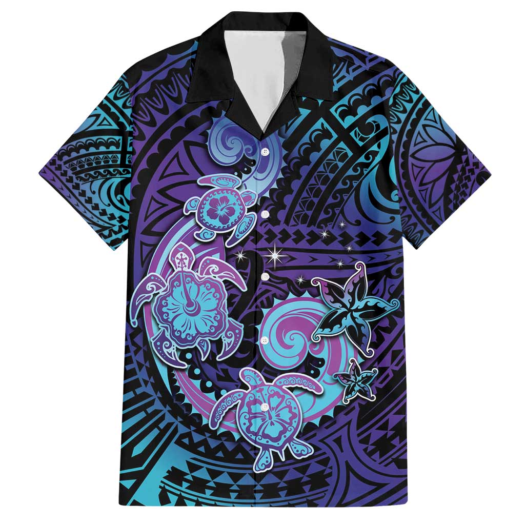 Hawaii Makahiki Turtle Family Matching Short Sleeve Bodycon Dress and Hawaiian Shirt Spiral Polynesian Tattoo LT05 Dad's Shirt - Short Sleeve Purple - Polynesian Pride