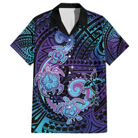 Hawaii Makahiki Turtle Family Matching Short Sleeve Bodycon Dress and Hawaiian Shirt Spiral Polynesian Tattoo LT05 Dad's Shirt - Short Sleeve Purple - Polynesian Pride