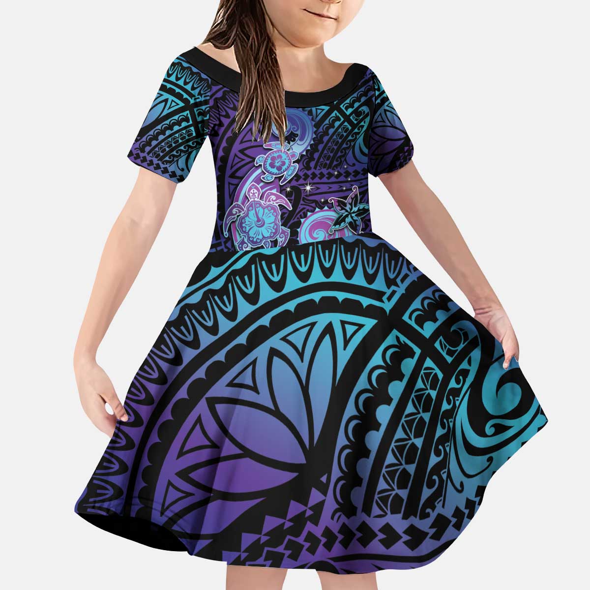 Hawaii Makahiki Turtle Kid Short Sleeve Dress Spiral Polynesian Tattoo