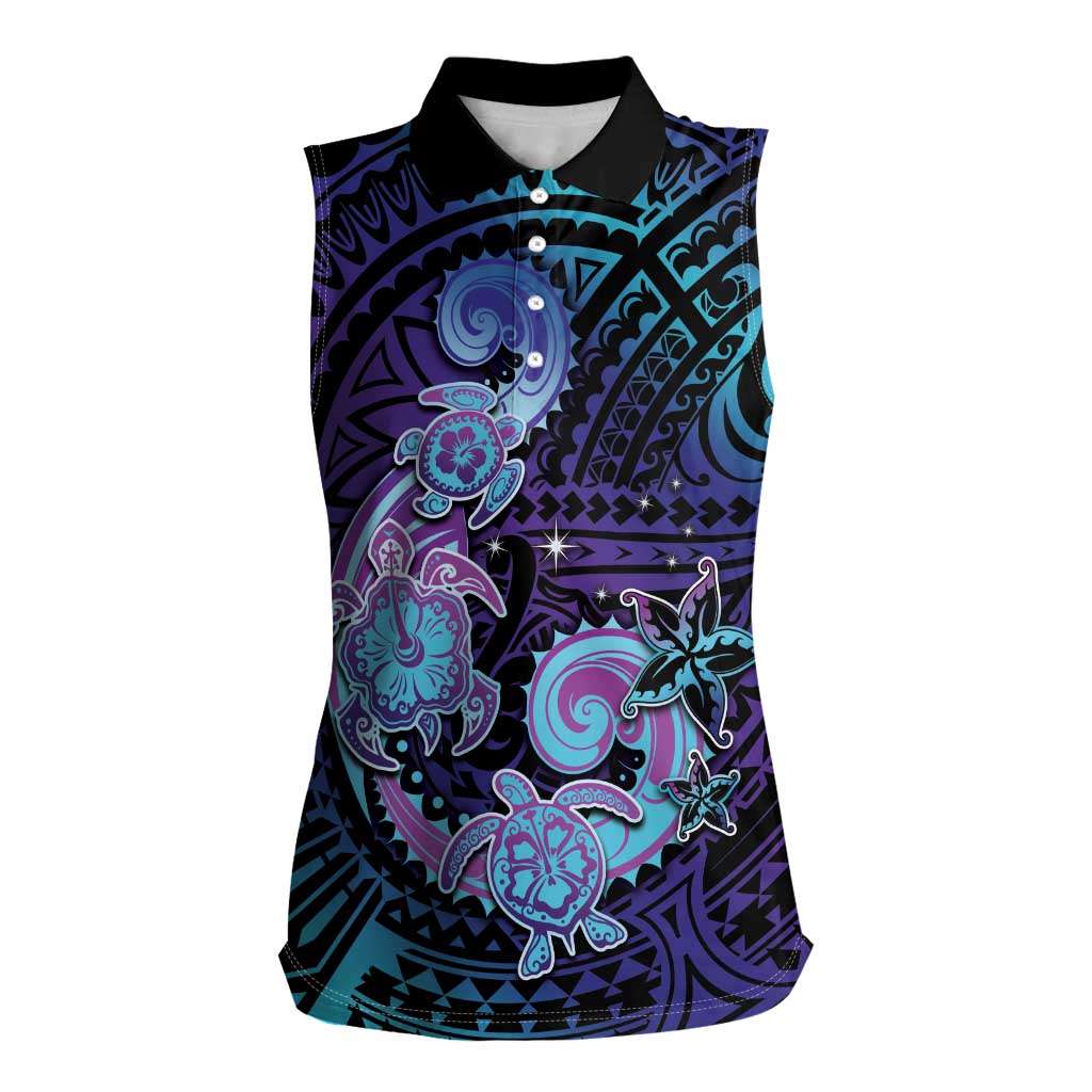 Hawaii Makahiki Turtle Women Sleeveless Polo Shirt Spiral Polynesian Tattoo