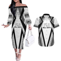 Custom Bula Fiji Football Couples Matching Off The Shoulder Long Sleeve Dress and Hawaiian Shirt Go Champions LT05 White - Polynesian Pride