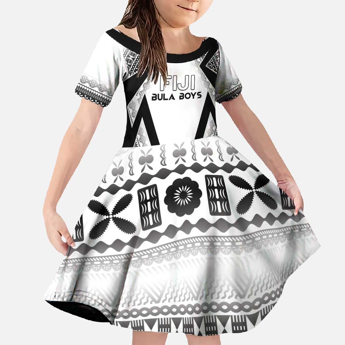 Custom Bula Fiji Football Family Matching Off The Shoulder Long Sleeve Dress and Hawaiian Shirt Go Champions LT05 Daughter's Dress White - Polynesian Pride