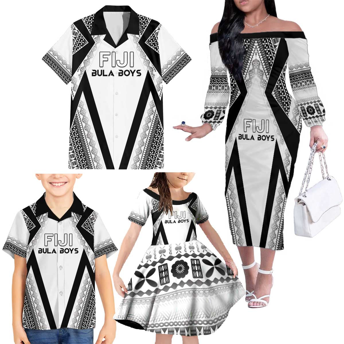 Custom Bula Fiji Football Family Matching Off The Shoulder Long Sleeve Dress and Hawaiian Shirt Go Champions LT05 - Polynesian Pride