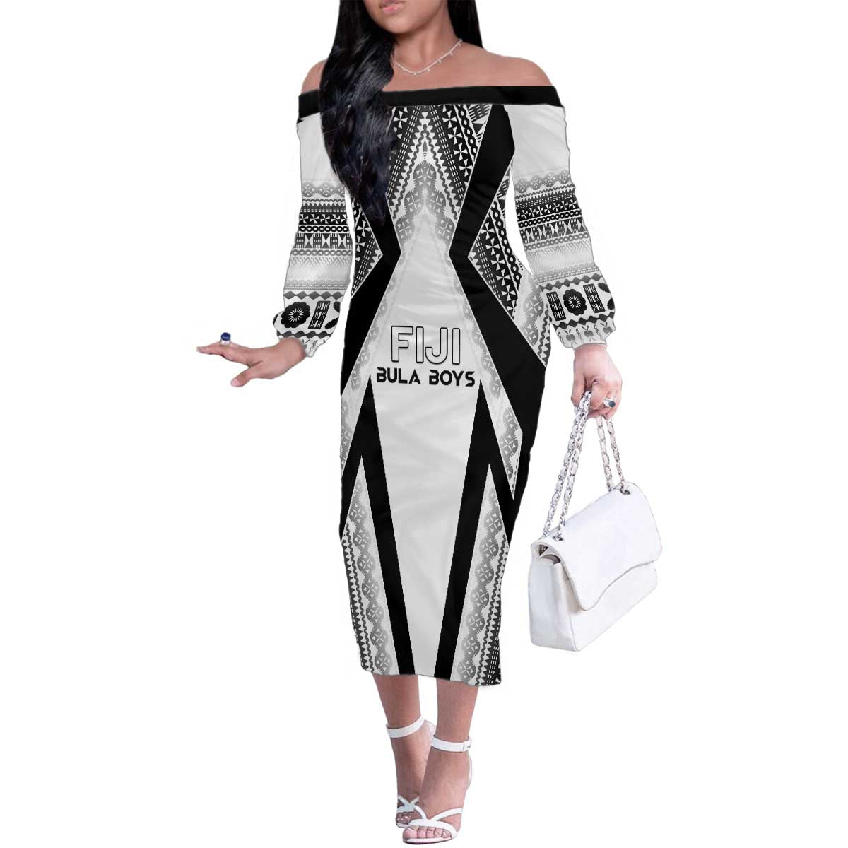 Custom Bula Fiji Football Family Matching Off The Shoulder Long Sleeve Dress and Hawaiian Shirt Go Champions LT05 Mom's Dress White - Polynesian Pride