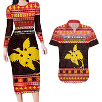 Papua New Guinea Christmas Couples Matching Long Sleeve Bodycon Dress and Hawaiian Shirt Santa Raggiana LT05 Red - Polynesian Pride
