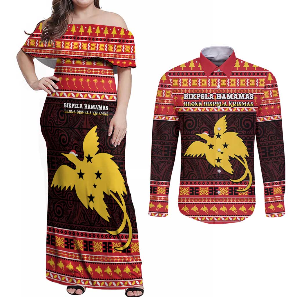 Papua New Guinea Christmas Couples Matching Off Shoulder Maxi Dress and Long Sleeve Button Shirt Santa Raggiana LT05 Red - Polynesian Pride