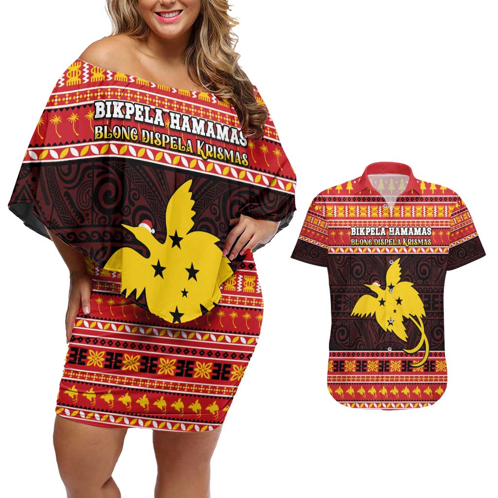 Papua New Guinea Christmas Couples Matching Off Shoulder Short Dress and Hawaiian Shirt Santa Raggiana LT05 Red - Polynesian Pride
