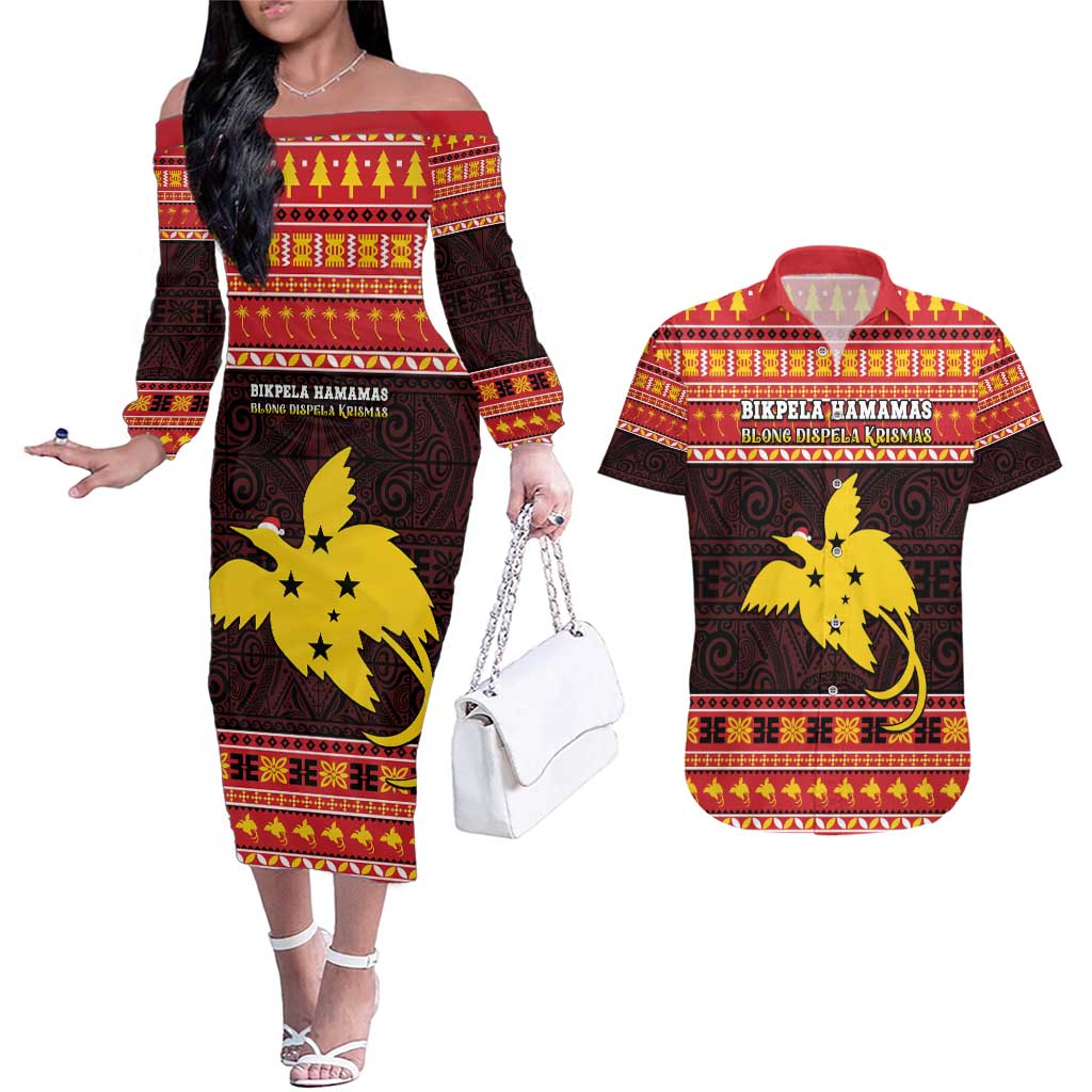 Papua New Guinea Christmas Couples Matching Off The Shoulder Long Sleeve Dress and Hawaiian Shirt Santa Raggiana LT05 Red - Polynesian Pride
