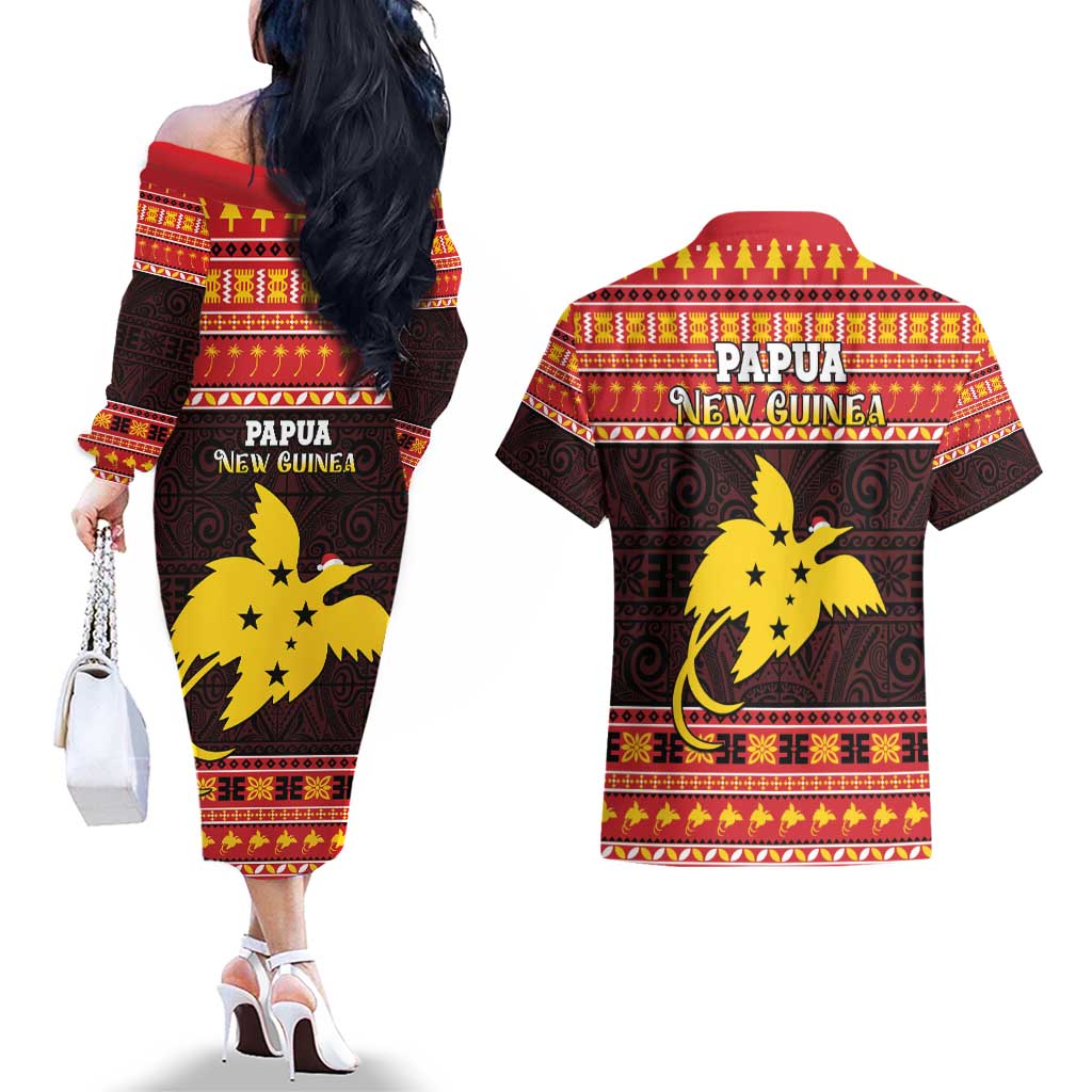 Papua New Guinea Christmas Couples Matching Off The Shoulder Long Sleeve Dress and Hawaiian Shirt Santa Raggiana LT05 - Polynesian Pride