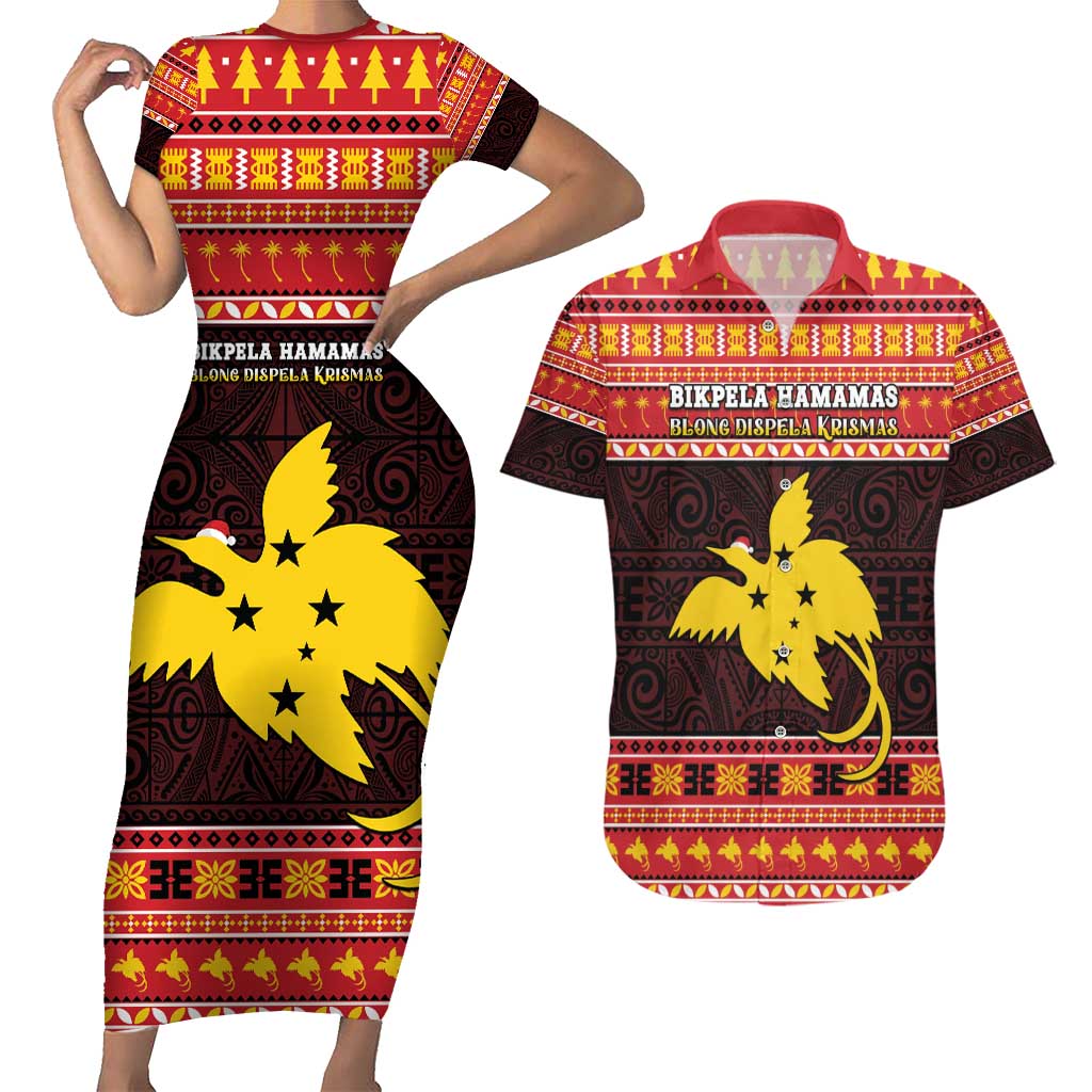 Papua New Guinea Christmas Couples Matching Short Sleeve Bodycon Dress and Hawaiian Shirt Santa Raggiana LT05 Red - Polynesian Pride
