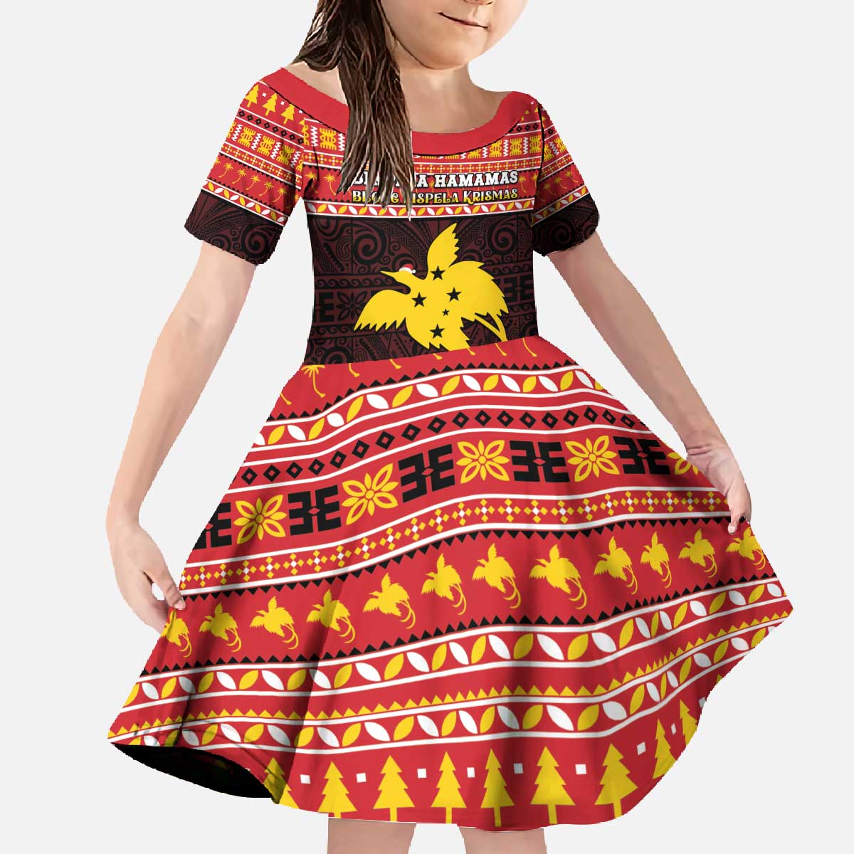 Papua New Guinea Christmas Family Matching Off The Shoulder Long Sleeve Dress and Hawaiian Shirt Santa Raggiana LT05 Daughter's Dress Red - Polynesian Pride
