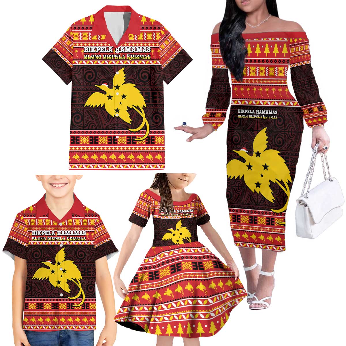 Papua New Guinea Christmas Family Matching Off The Shoulder Long Sleeve Dress and Hawaiian Shirt Santa Raggiana LT05 - Polynesian Pride