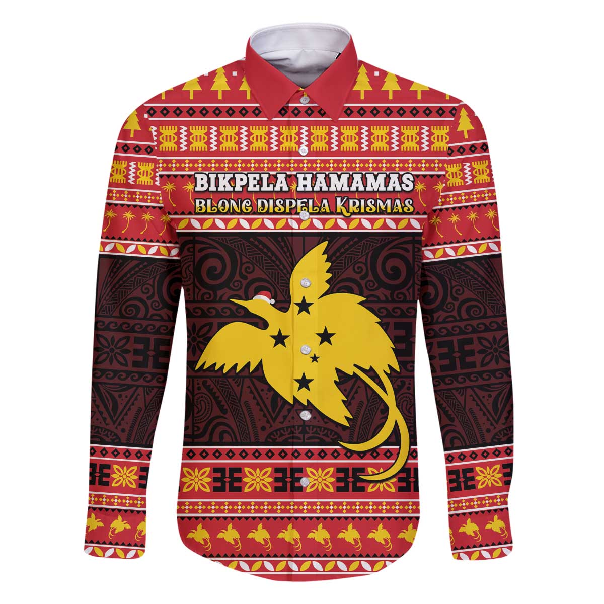 Papua New Guinea Christmas Family Matching Off The Shoulder Long Sleeve Dress and Hawaiian Shirt Santa Raggiana LT05 Dad's Shirt - Long Sleeve Red - Polynesian Pride