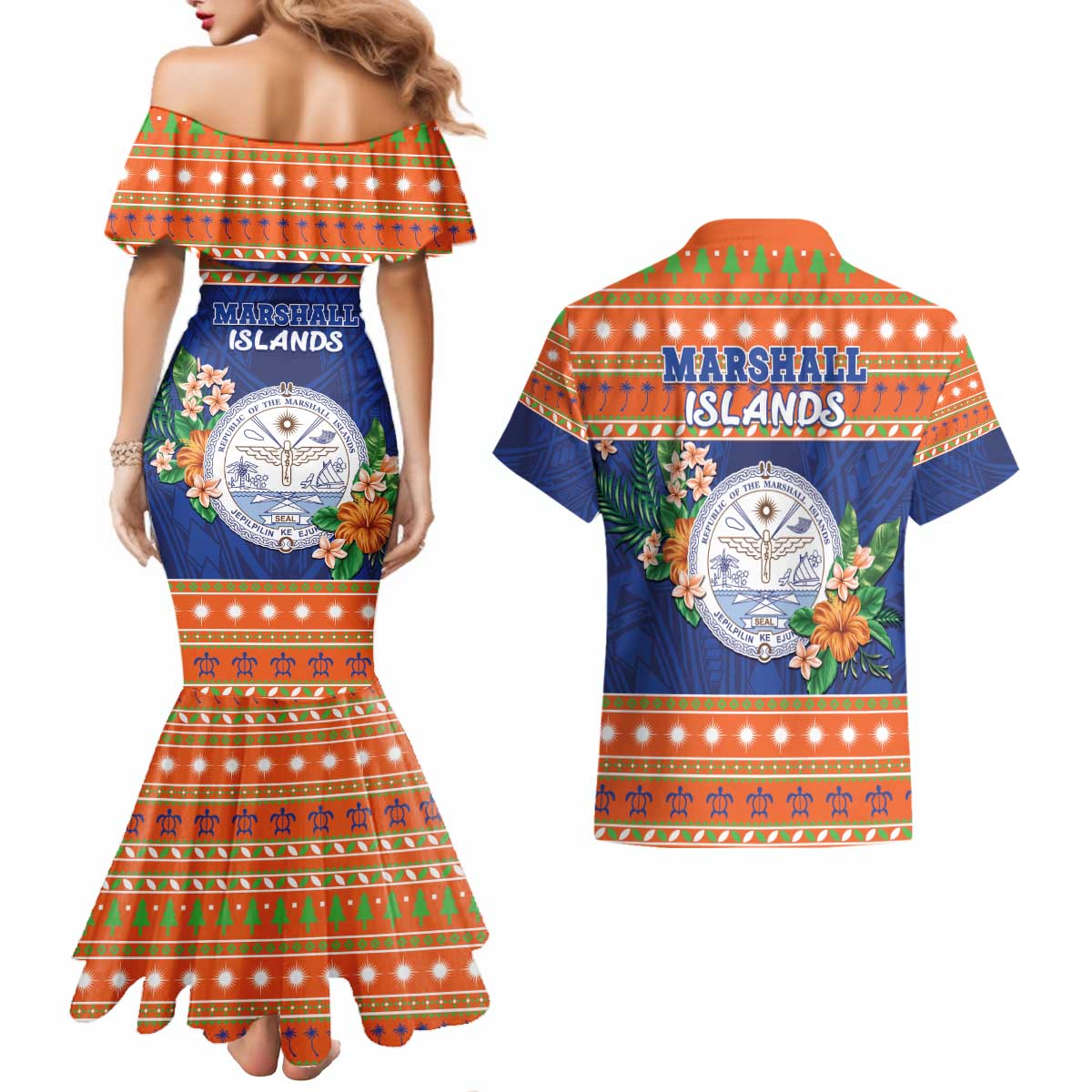 Marshall Islands Christmas Couples Matching Mermaid Dress and Hawaiian Shirt Marshallese Seal Meddi Kirijmoj