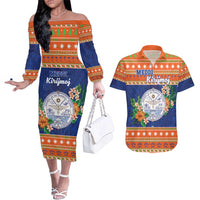 Marshall Islands Christmas Couples Matching Off The Shoulder Long Sleeve Dress and Hawaiian Shirt Marshallese Seal Meddi Kirijmoj LT05 Orange - Polynesian Pride