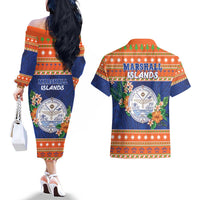 Marshall Islands Christmas Couples Matching Off The Shoulder Long Sleeve Dress and Hawaiian Shirt Marshallese Seal Meddi Kirijmoj LT05 - Polynesian Pride