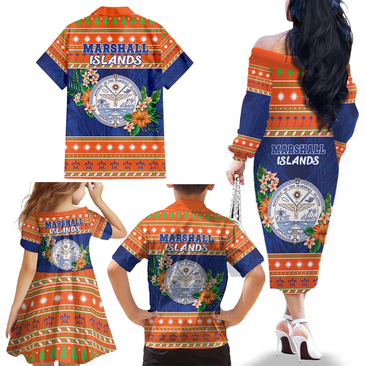 Marshall Islands Christmas Family Matching Off The Shoulder Long Sleeve Dress and Hawaiian Shirt Marshallese Seal Meddi Kirijmoj LT05 - Polynesian Pride