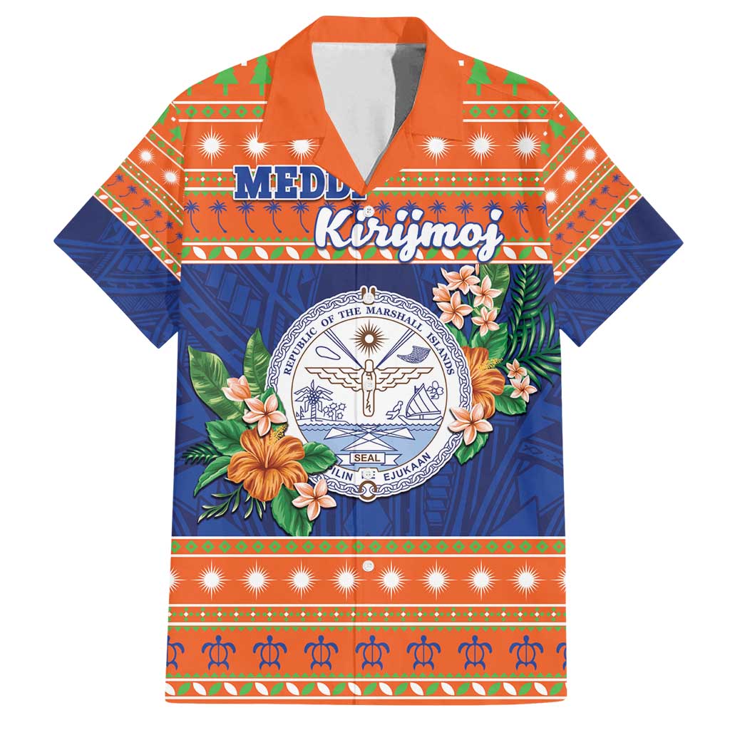 Marshall Islands Christmas Family Matching Off Shoulder Maxi Dress and Hawaiian Shirt Marshallese Seal Meddi Kirijmoj LT05 Dad's Shirt - Short Sleeve Orange - Polynesian Pride