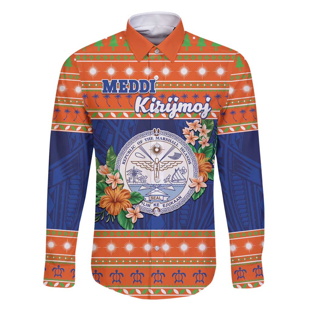 Marshall Islands Christmas Family Matching Off Shoulder Maxi Dress and Hawaiian Shirt Marshallese Seal Meddi Kirijmoj LT05 Dad's Shirt - Long Sleeve Orange - Polynesian Pride