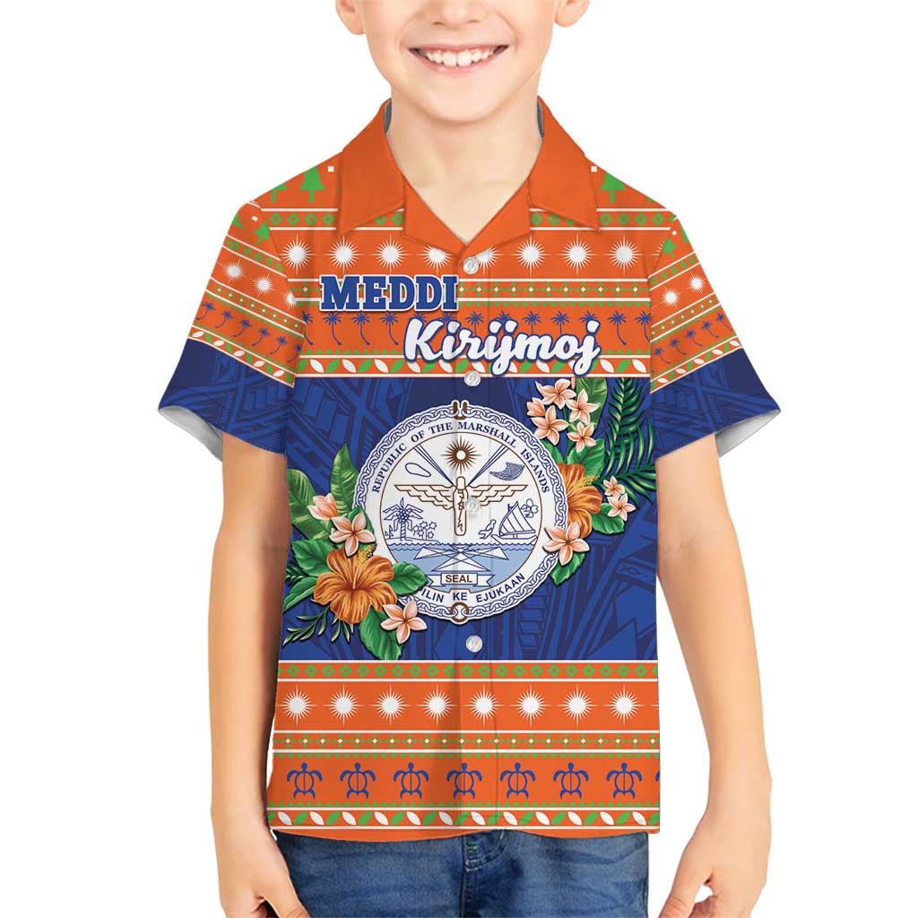 Marshall Islands Christmas Family Matching Off Shoulder Maxi Dress and Hawaiian Shirt Marshallese Seal Meddi Kirijmoj LT05 Son's Shirt Orange - Polynesian Pride