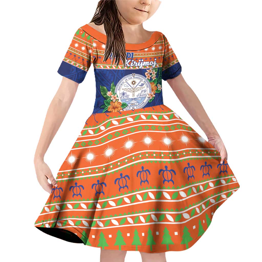 Marshall Islands Christmas Family Matching Off Shoulder Short Dress and Hawaiian Shirt Marshallese Seal Meddi Kirijmoj LT05 Daughter's Dress Orange - Polynesian Pride