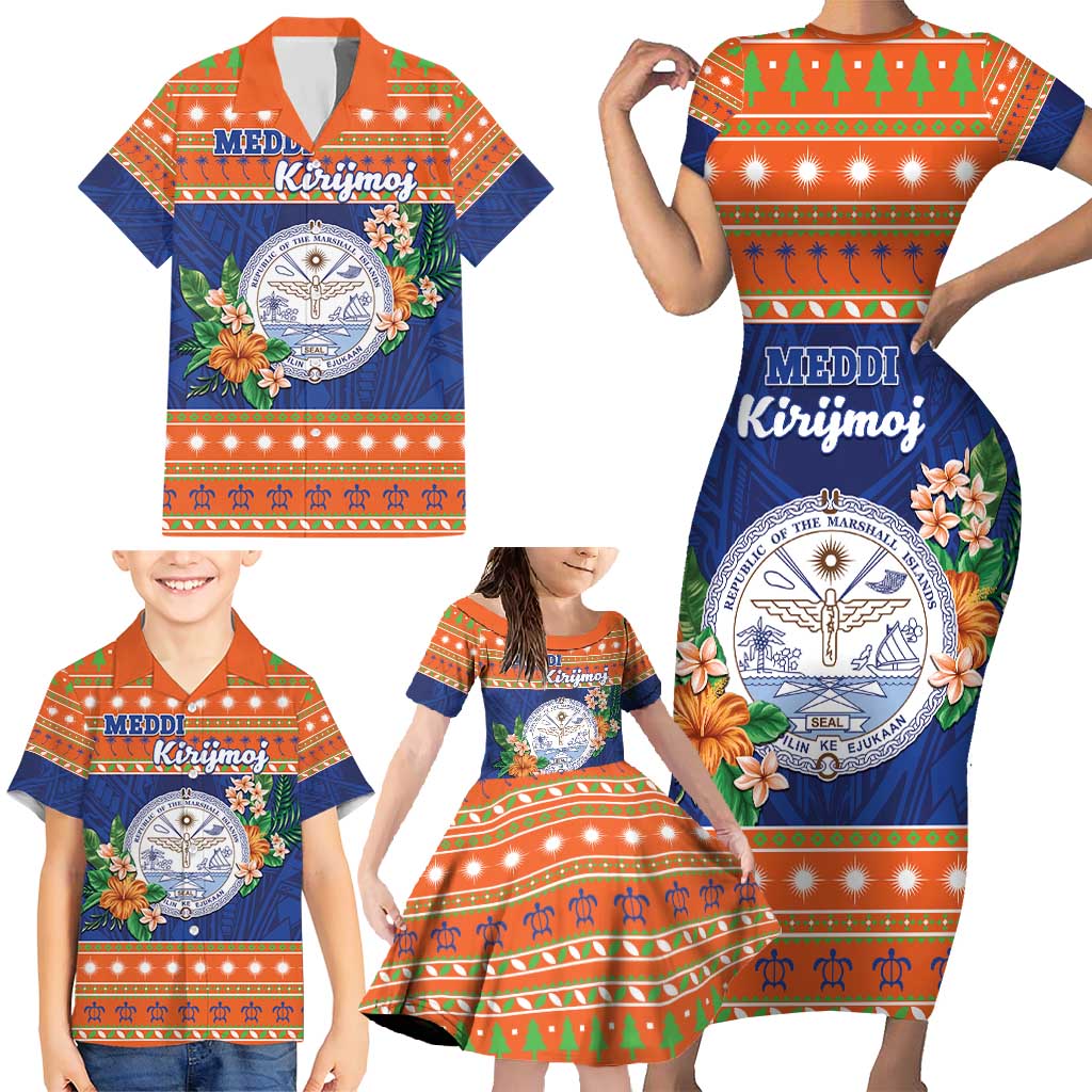 Marshall Islands Christmas Family Matching Short Sleeve Bodycon Dress and Hawaiian Shirt Marshallese Seal Meddi Kirijmoj LT05 - Polynesian Pride