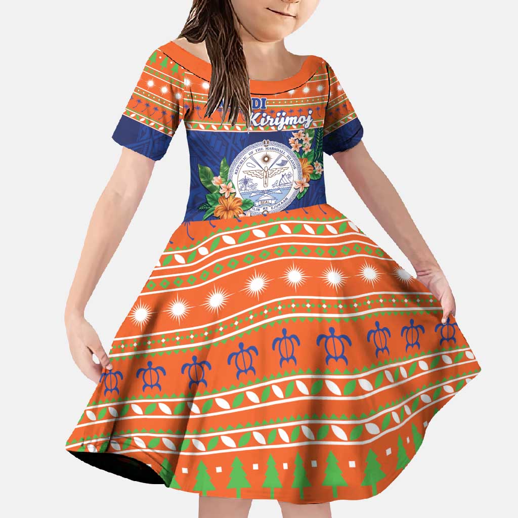 Marshall Islands Christmas Family Matching Summer Maxi Dress and Hawaiian Shirt Marshallese Seal Meddi Kirijmoj LT05 Daughter's Dress Orange - Polynesian Pride