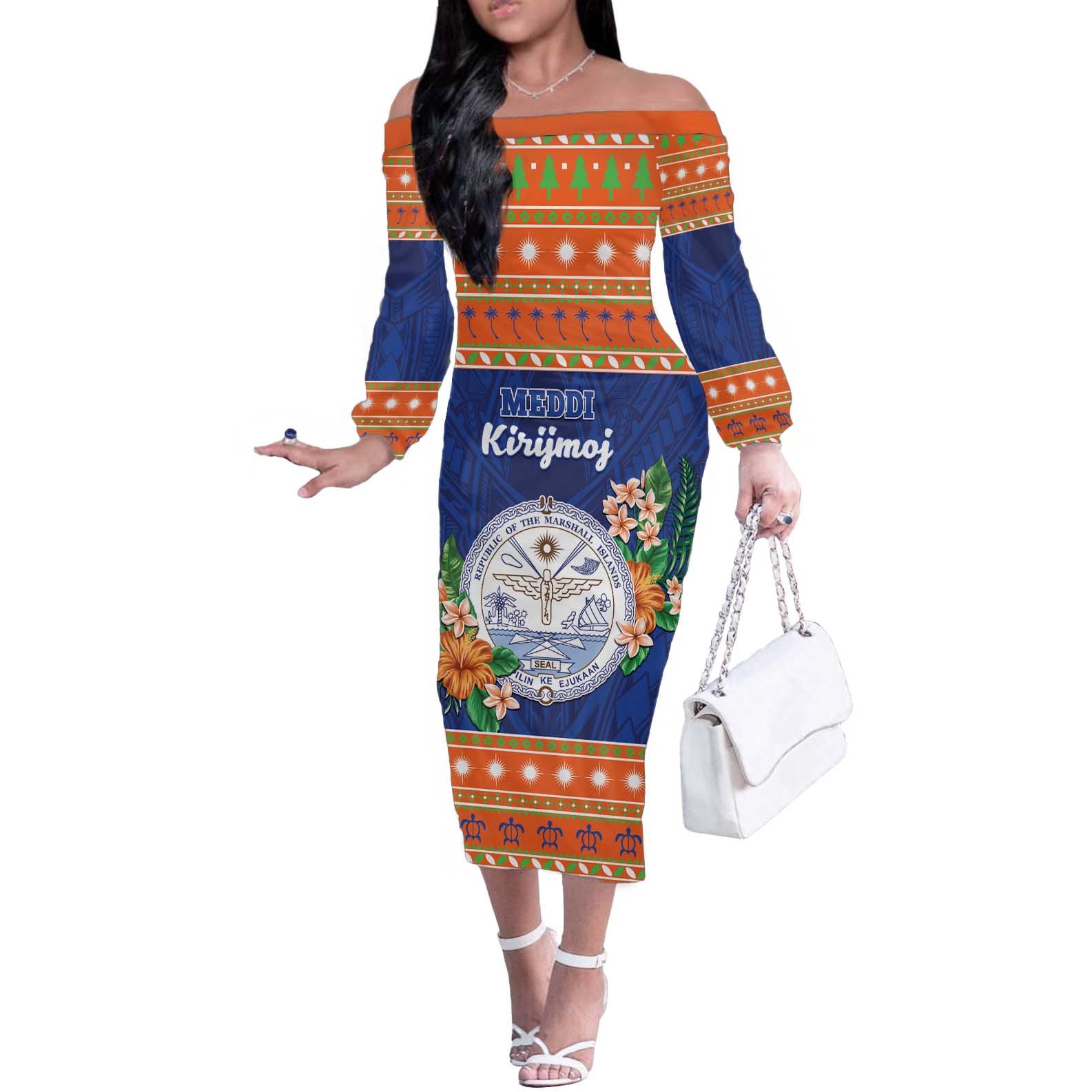 Marshall Islands Christmas Off The Shoulder Long Sleeve Dress Marshallese Seal Meddi Kirijmoj LT05 Women Orange - Polynesian Pride