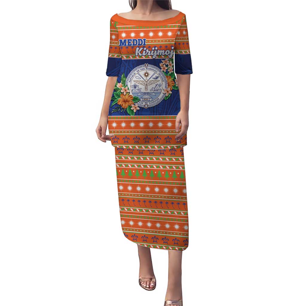 Marshall Islands Christmas Puletasi Marshallese Seal Meddi Kirijmoj LT05 Long Dress Orange - Polynesian Pride