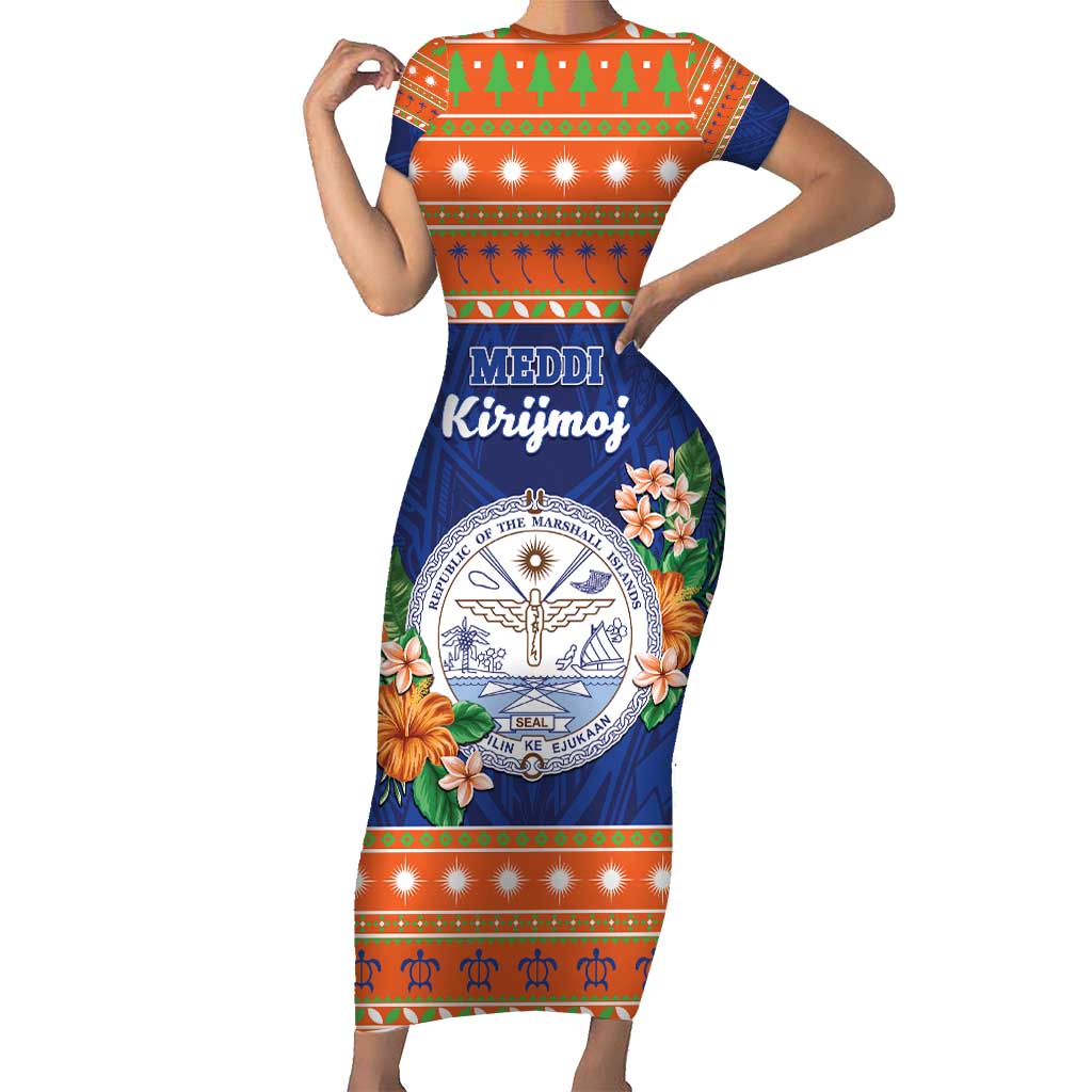 Marshall Islands Christmas Short Sleeve Bodycon Dress Marshallese Seal Meddi Kirijmoj LT05 Long Dress Orange - Polynesian Pride