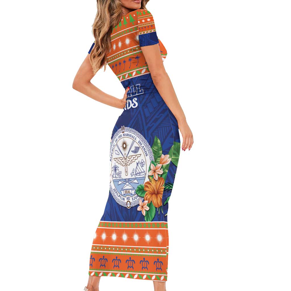 Marshall Islands Christmas Short Sleeve Bodycon Dress Marshallese Seal Meddi Kirijmoj LT05 - Polynesian Pride