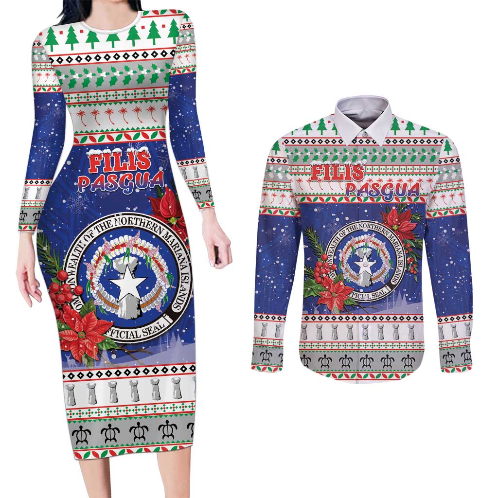 Northern Mariana Islands Christmas Couples Matching Long Sleeve Bodycon Dress and Long Sleeve Button Shirt Poinsettia Filis Pasgua LT05 Blue - Polynesian Pride