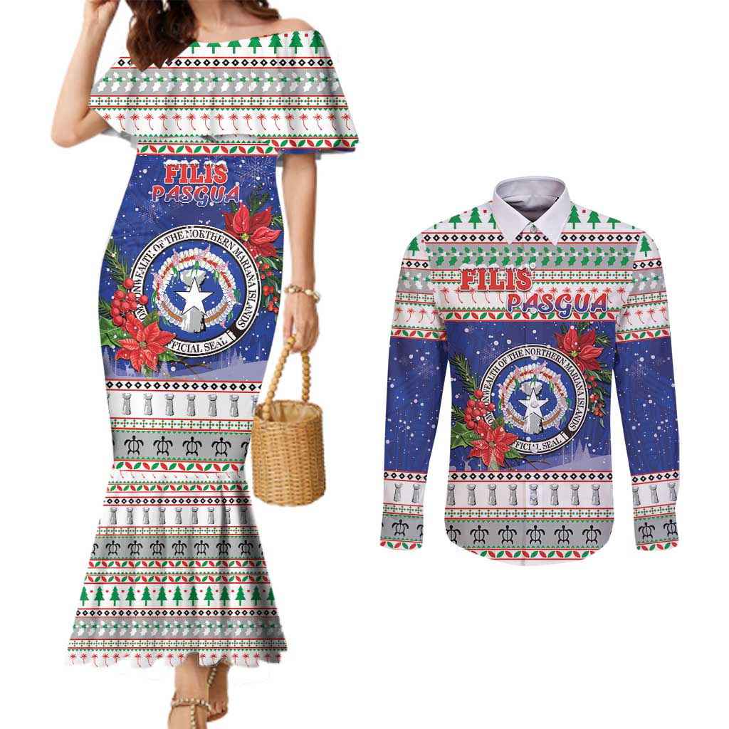 Northern Mariana Islands Christmas Couples Matching Mermaid Dress and Long Sleeve Button Shirt Poinsettia Filis Pasgua LT05 Blue - Polynesian Pride