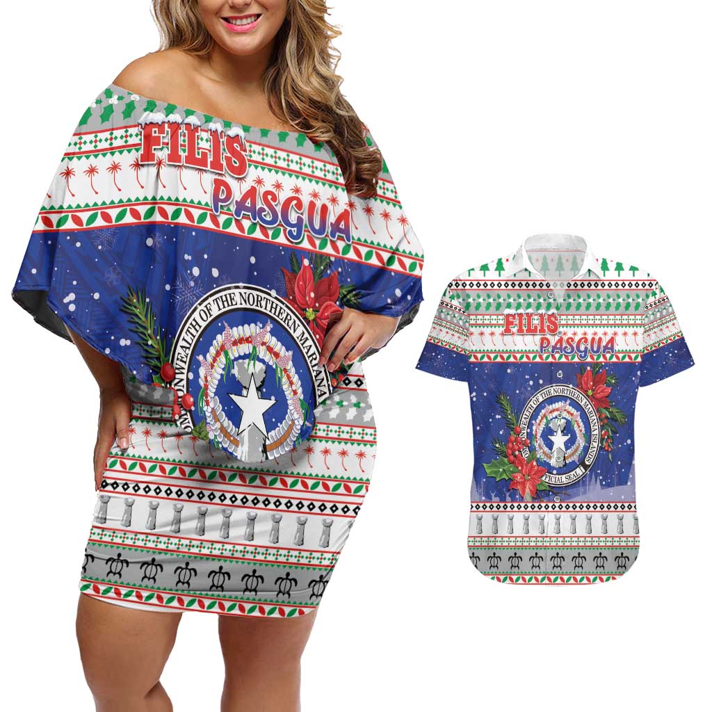 Northern Mariana Islands Christmas Couples Matching Off Shoulder Short Dress and Hawaiian Shirt Poinsettia Filis Pasgua LT05 Blue - Polynesian Pride