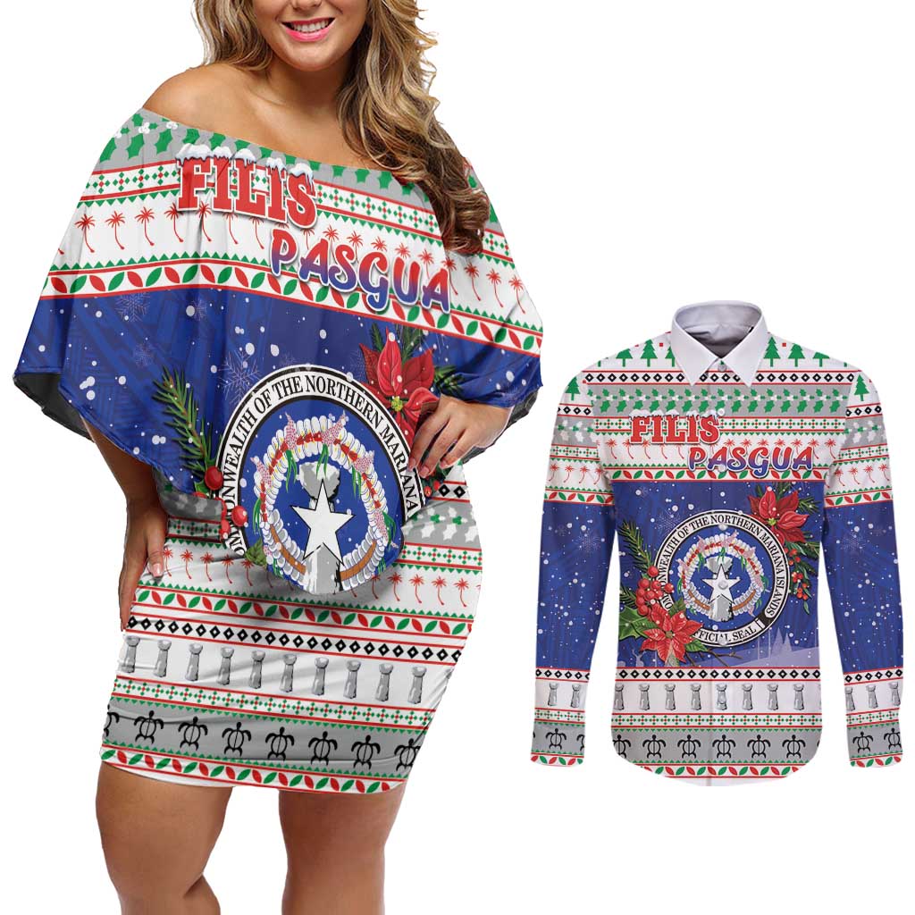 Northern Mariana Islands Christmas Couples Matching Off Shoulder Short Dress and Long Sleeve Button Shirt Poinsettia Filis Pasgua LT05 Blue - Polynesian Pride