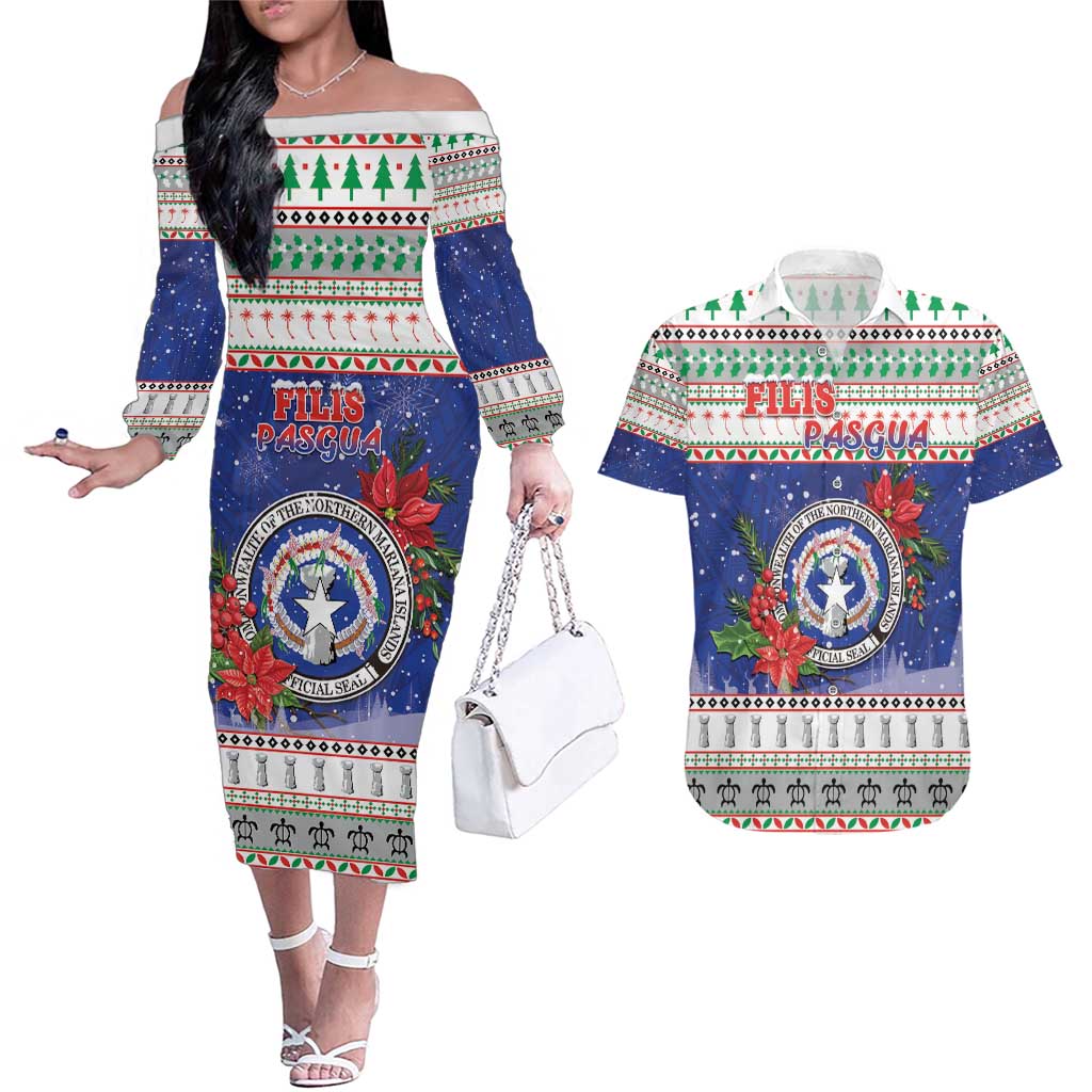Northern Mariana Islands Christmas Couples Matching Off The Shoulder Long Sleeve Dress and Hawaiian Shirt Poinsettia Filis Pasgua LT05 Blue - Polynesian Pride