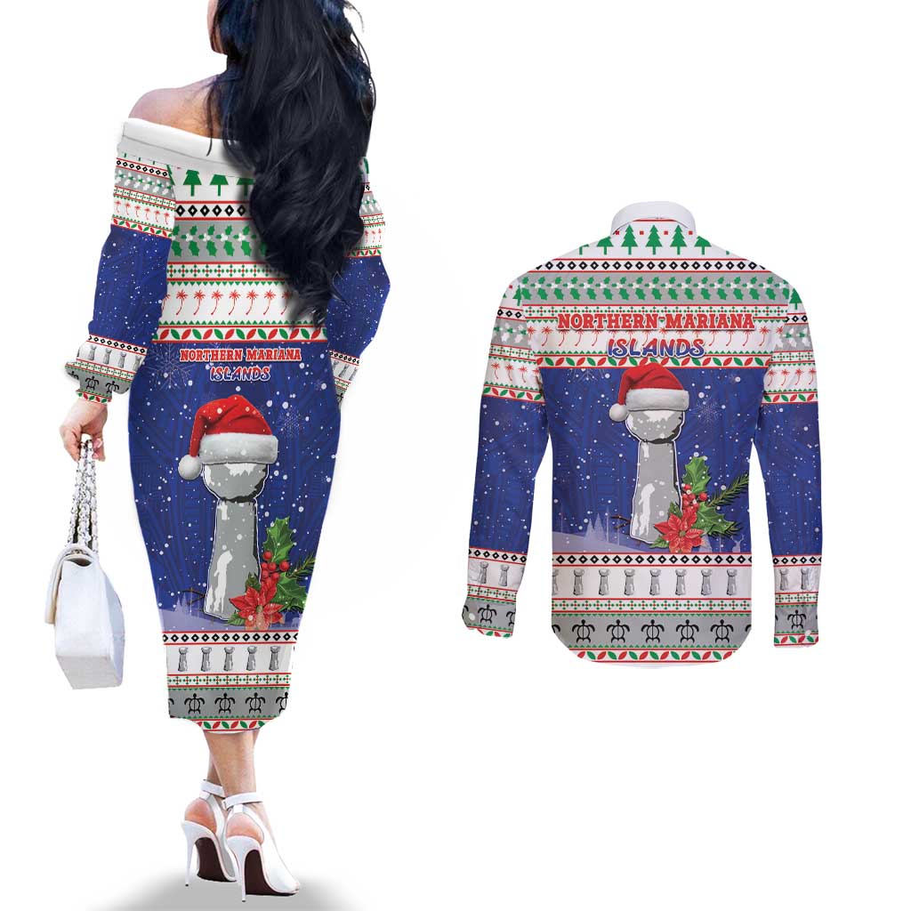 Northern Mariana Islands Christmas Couples Matching Off The Shoulder Long Sleeve Dress and Long Sleeve Button Shirt Poinsettia Filis Pasgua LT05 - Polynesian Pride