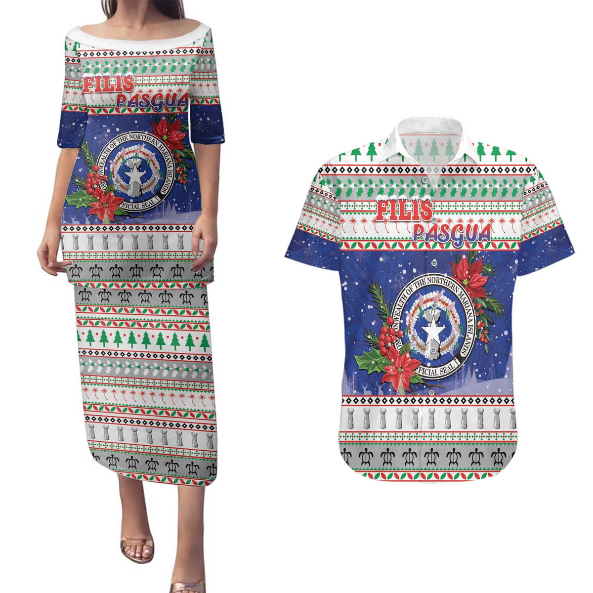 Northern Mariana Islands Christmas Couples Matching Puletasi and Hawaiian Shirt Poinsettia Filis Pasgua LT05 Blue - Polynesian Pride