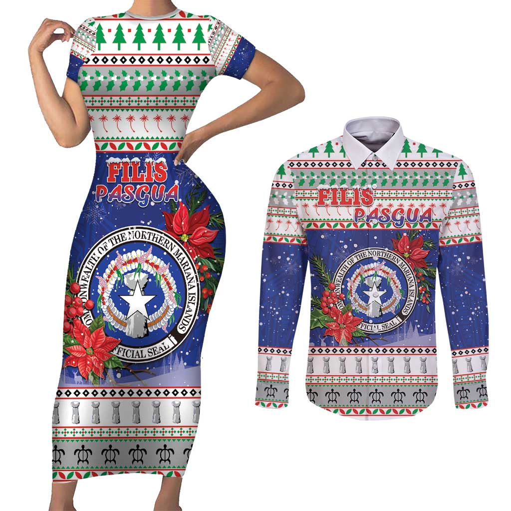 Northern Mariana Islands Christmas Couples Matching Short Sleeve Bodycon Dress and Long Sleeve Button Shirt Poinsettia Filis Pasgua LT05 Blue - Polynesian Pride