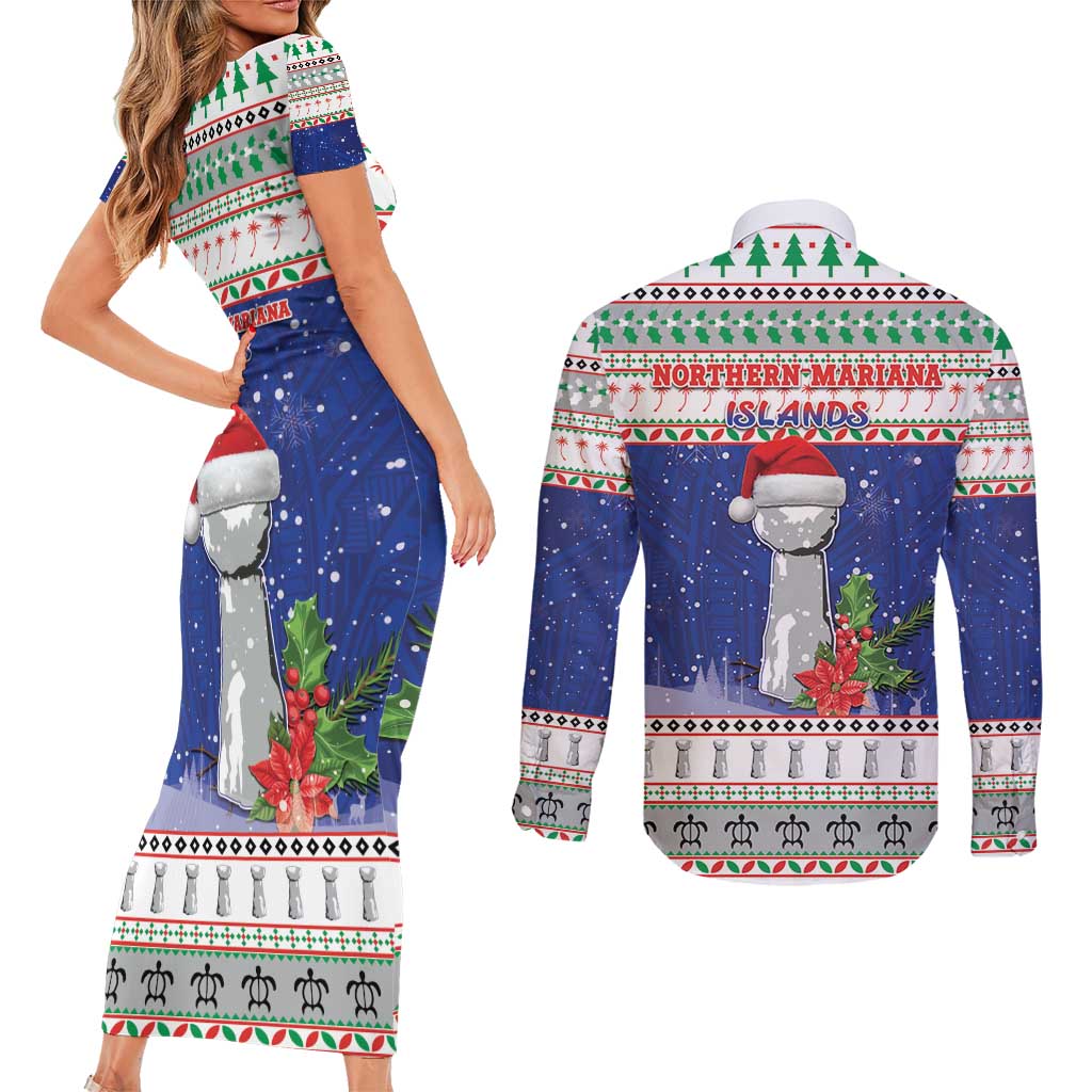 Northern Mariana Islands Christmas Couples Matching Short Sleeve Bodycon Dress and Long Sleeve Button Shirt Poinsettia Filis Pasgua LT05 - Polynesian Pride