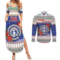 Northern Mariana Islands Christmas Couples Matching Summer Maxi Dress and Long Sleeve Button Shirt Poinsettia Filis Pasgua LT05 Blue - Polynesian Pride